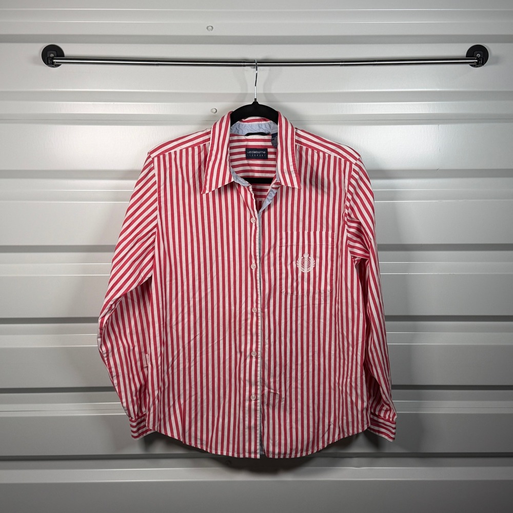 Lizโ Claiborne Lizsport Medium Red White Striped Button Down Shirt Cotton